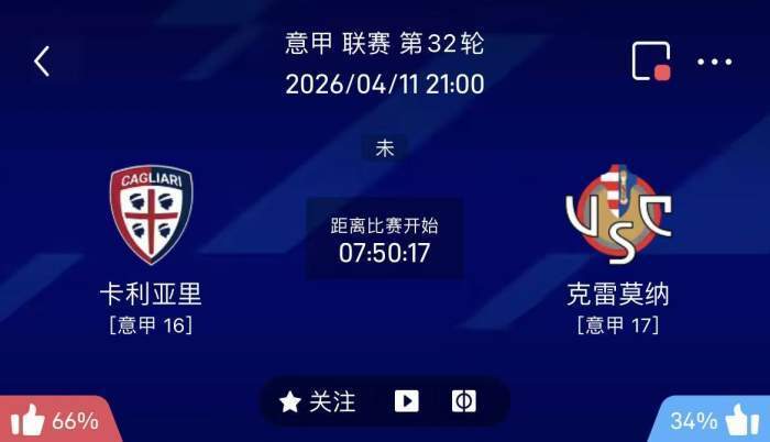 4/11意甲联赛精选二串一推荐【附扫盘】：卡利亚里VS克雷莫纳+都灵VS维罗纳